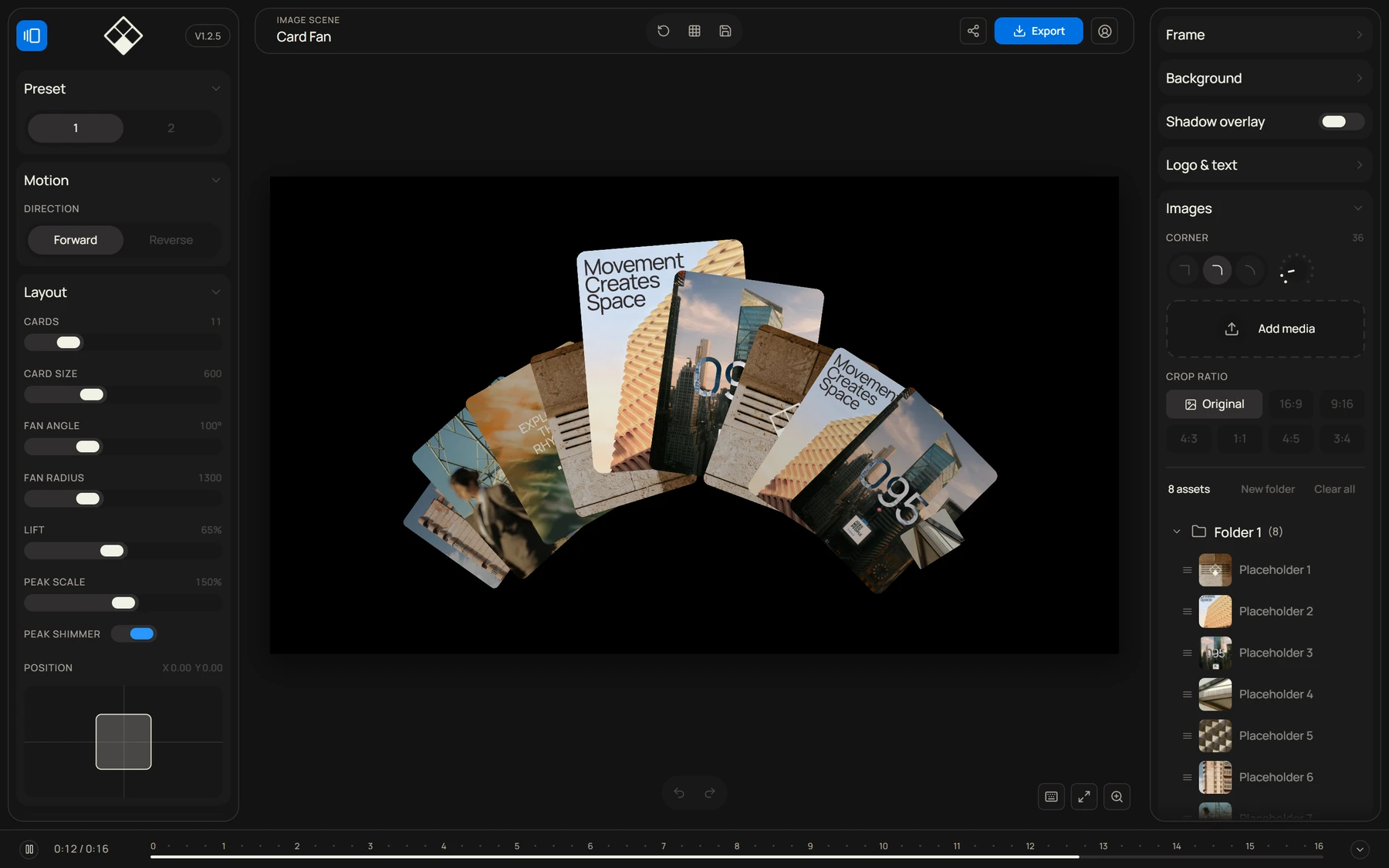 The Moga editor: settings on the left, the scene in the middle, the timeline under it
