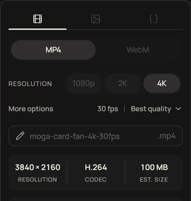The editor's Export panel: MP4 or WebM, 1080p, 2K or 4K, the 3840 by 2160 size and its codec