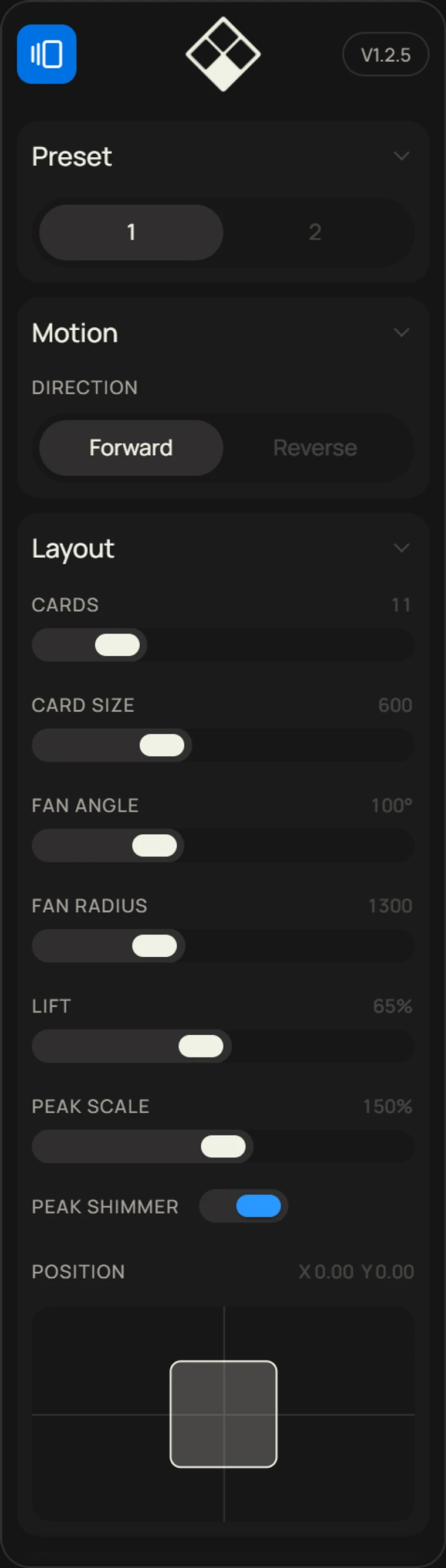 The editor's Layout settings: sliders for cards, size, angle and lift
